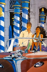 ベルギーのルートBDの市内中心部の通りにある壁画、ブリュッセルはヨーロッパの漫画本の首都です